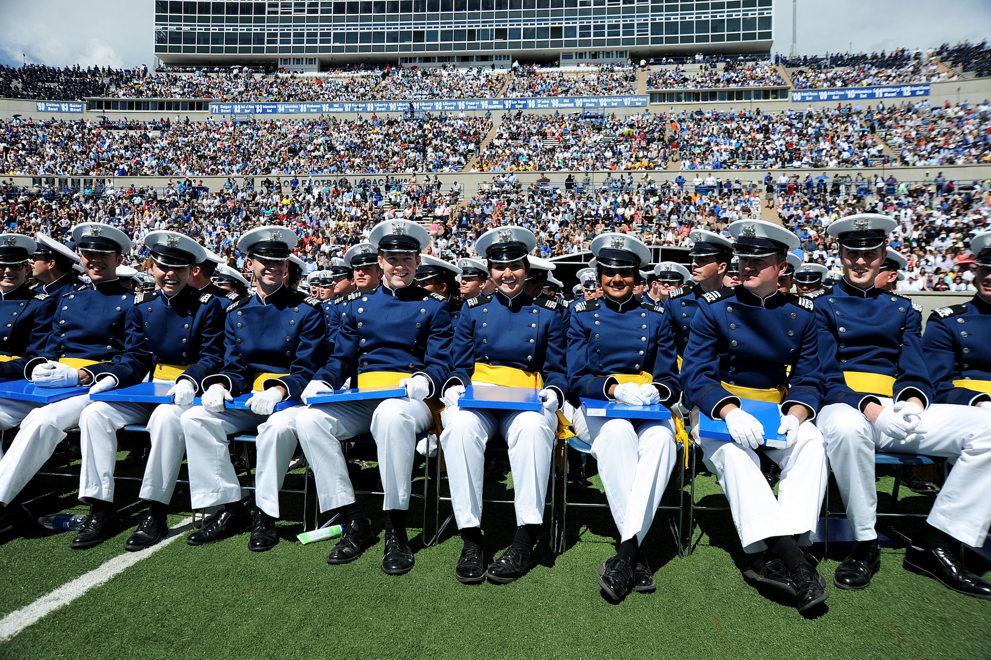 Eight-hundred and forty Air Force Academy cadets graduated May 28, 2015, in a ceremony here at Falcon Stadium and were commissioned as lieutenants. (U.S. Air Force photo/Mike Kaplan)