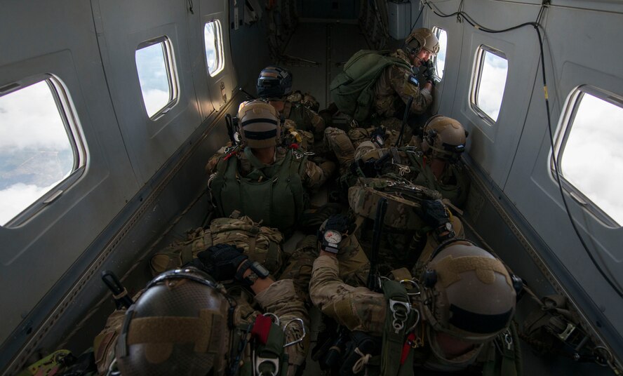 Special Tactics Airmen from the Special Tactics Training Squadron, 24th Special Operations Wing, Hurlburt Field, Fla., use a Duke Field C-145 to serve as the team’s free-fall jump platform during a runway security training exercise at Eglin Range, Fla., April 23, 2015. The STTS delivers advanced and special tactics skills to a wide variety of joint special operations career fields, including combat controllers and special tactics pararescuemen. (U.S. Air Force photo/ Tech. Sgt. Jasmin Taylor)