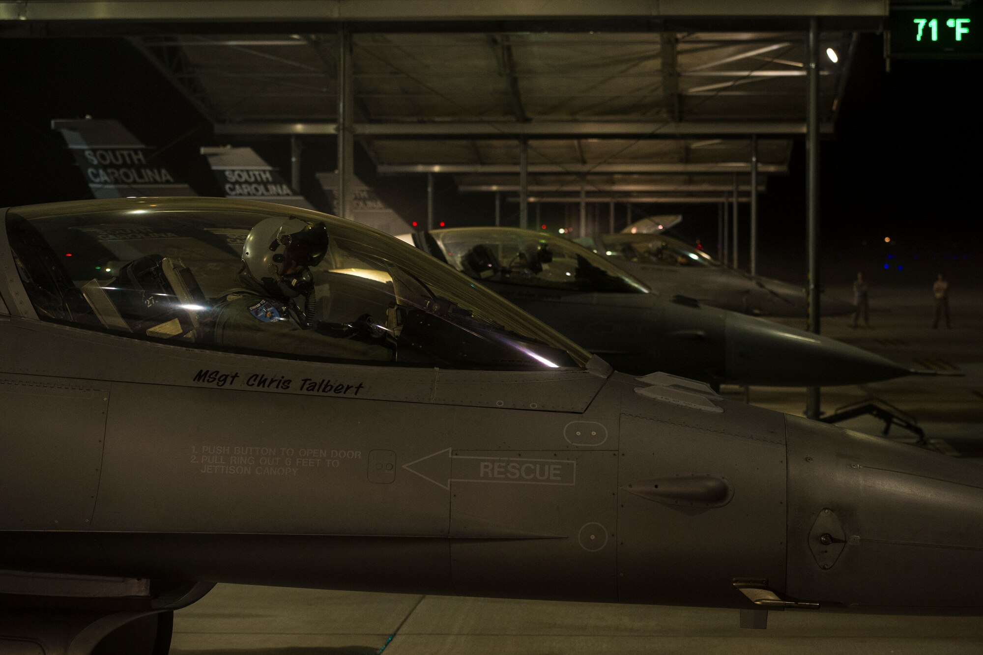 F-16s from the South Carolina Air National Guard???s 169th Fighter Wing at McEntire Joint National Guard Base, S.C., depart in support of Operation Atlantic Resolve at ??ask Air Base, Poland, May 28, 2015. The training mission, called an Aviation Detachment, will pair Swamp Fox F-16 pilots and maintenance crews with their Polish Air Force counterparts at ??ask Air Base during Operation Atlantic Resolve. This bilateral training, held by US Air Forces Europe and Air Forces Africa, has taken place since 2012. Through strengthened relationships and engagements with our allies, the U.S. and NATO demonstrate their shared commitment to a peaceful, stable and secure Europe. (South Carolina Air National Guard photo by Tech. Sgt. Jorge Intriago / RELEASED)