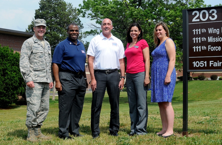Col. William R. Griffin, 111th Attack Wing vice commander, hosted members of the Liberty USO  May 28, 2015, at the 111th ATKW wing headquarters building at Horsham Air Guard Station, Pennsylvania. The intention of the meeting was to integrate the needs of Horsham AGS members and their families with the support functions of the Liberty USO, create an open dialogue and tell the military story to the surrounding region. In addition to Griffin, members in attendance were (left to right) Ed Clemens, Liberty USO board chairman; Joseph Brooks, Liberty USO Administration president and CEO;  Jo Anne Schultze, Esq., Liberty USO Administration director of operations; and Kristin Lowe, Liberty USO programs manager at Horsham AGS. For more information on the Liberty USO’s programs or for volunteer opportunities, visit their Facebook page at https://www.facebook.com/LibertyUSO or their official website, http://www.libertyuso.org/. (U.S. Air National Guard photo by Tech. Sgt. Andria Allmond/Released)

