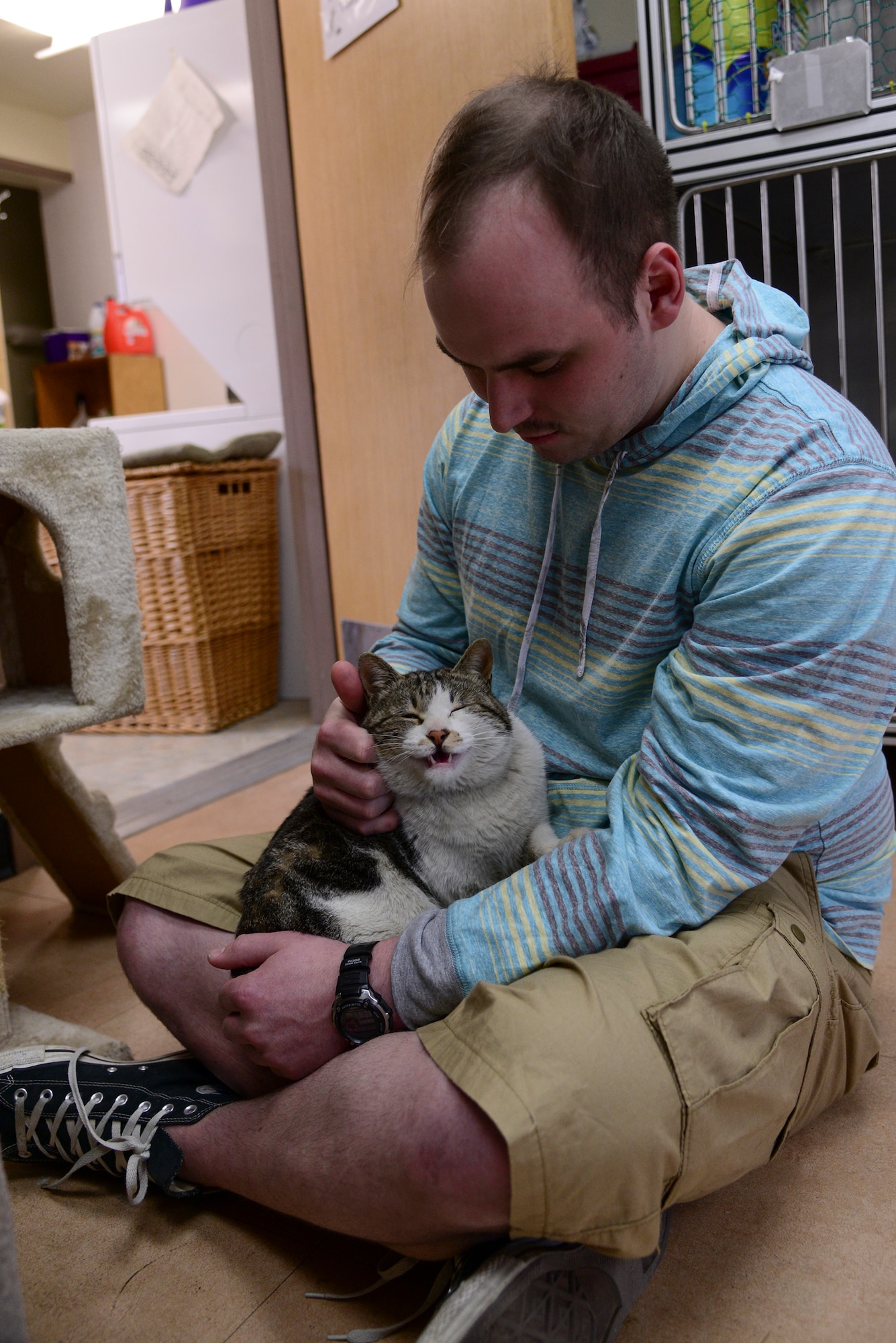 Senior Airman Matthew Cotterman, 7th Air Force intel analyst and Homeward Bound Osan Animal Shelter volunteer, pets Tucker, Homeward Bound Osan Animal Shelter resident, March 14, 2015, at Osan Air Base, Republic of Korea. The shelter is a non-profit organization ran by volunteers. (U.S. Air Force photo by Senior Airman Matthew Lancaster)
