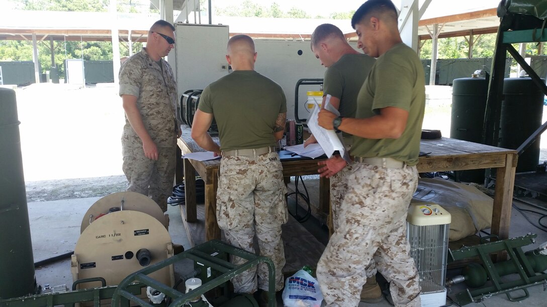 Marines from AEEEST 2-15 conduct practical application on troubleshooting TWPS.