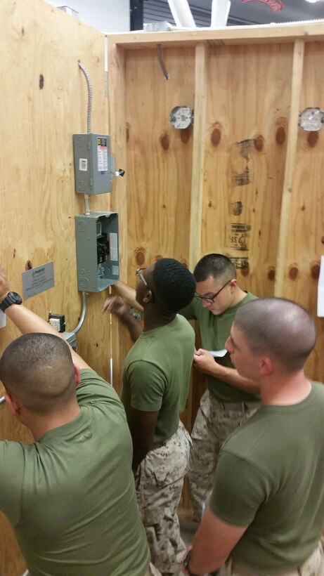 Marines from BE 6-15 conduct practical application on the fundamentals of electricity.