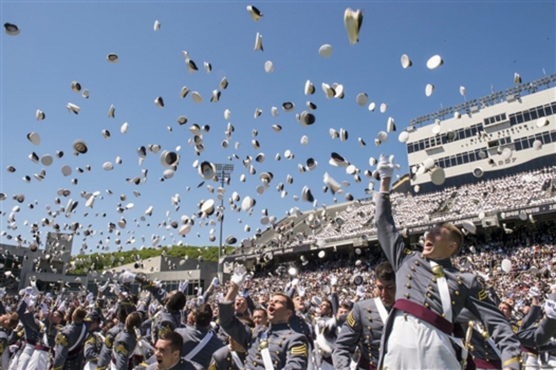 Graduates from the U.S. Military Academy toss their hats into the air after their graduation and commissioning ceremony at the academy in West Point, N.Y., May 23, 2015. Army Gen. Martin E. Dempsey, chairman of the Joint Chiefs of Staff, delivered the commencement address.
