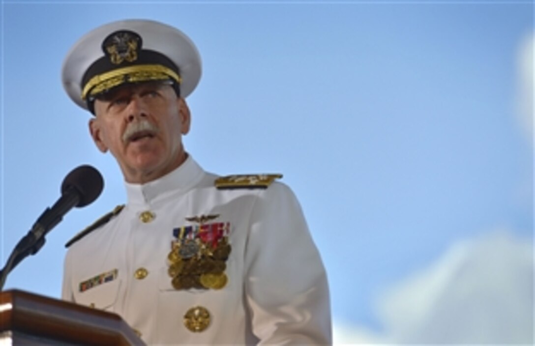U.S. Navy Adm. Scott H. Swift delivers remarks as he assumes command of U.S. Pacific Fleet from Navy Adm. Harry B. Harris Jr. during the change-of-command ceremonies for U.S. Pacific Command and U.S. Pacific Fleet in Honolulu May 27, 2015. 