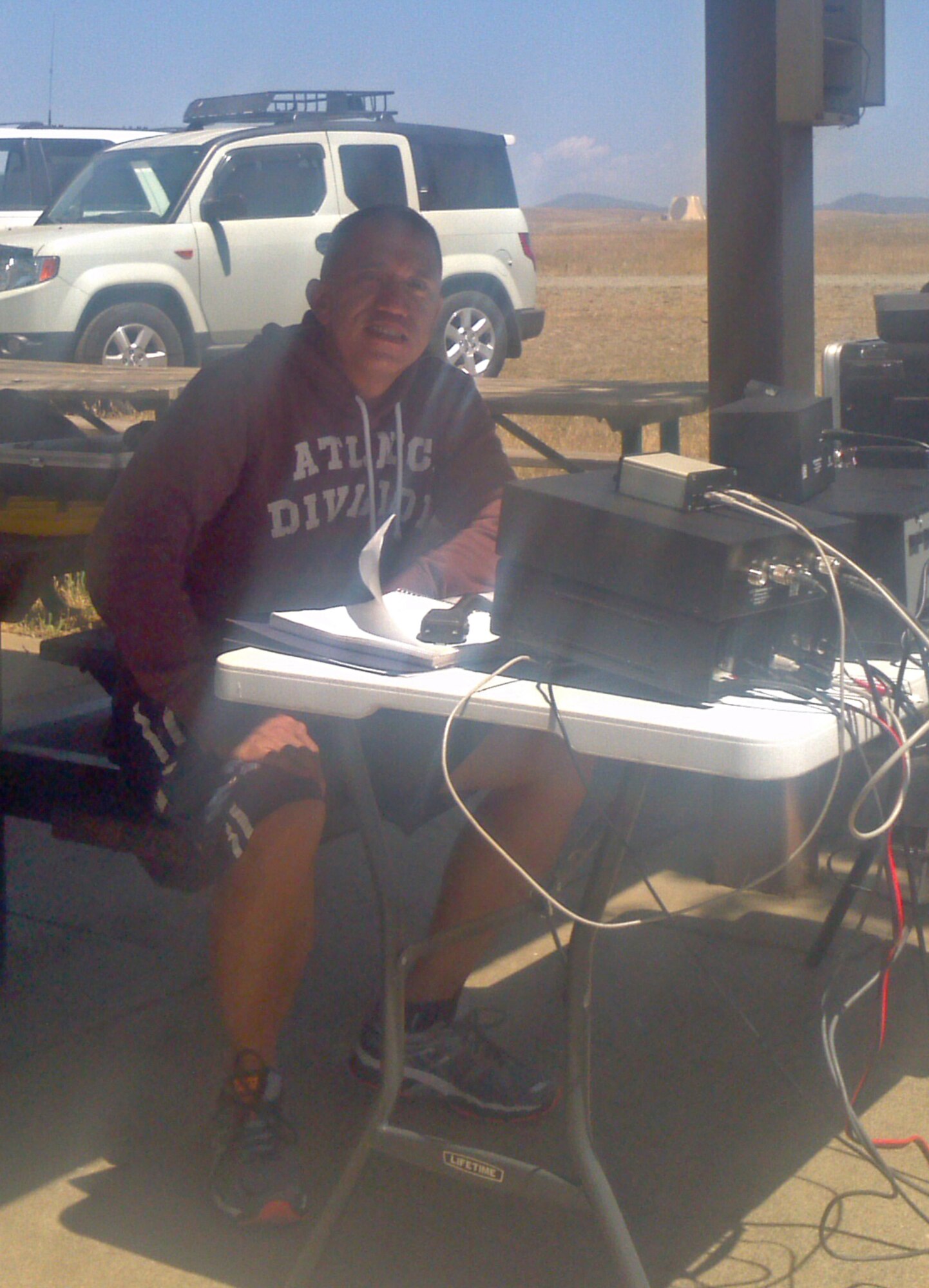 Tech. Sgt. Michael Sangria, 9th Aircraft Maintenance Squadron assistant first sergeant and Yuba-Sutter Amateur Radio Club member, poses for a photo in front of his radio equipment May 9, 2015, at Beale Air Force Base, California. Sangria participated in the annual Armed Forces Cross band Communications Test with Steve Albrecht, YSARC member. This annual event gives amateur radio operators and shortwave listeners an opportunity to demonstrate their technical skills and to receive recognition from the appropriate military radio stations. (Courtesy photo)