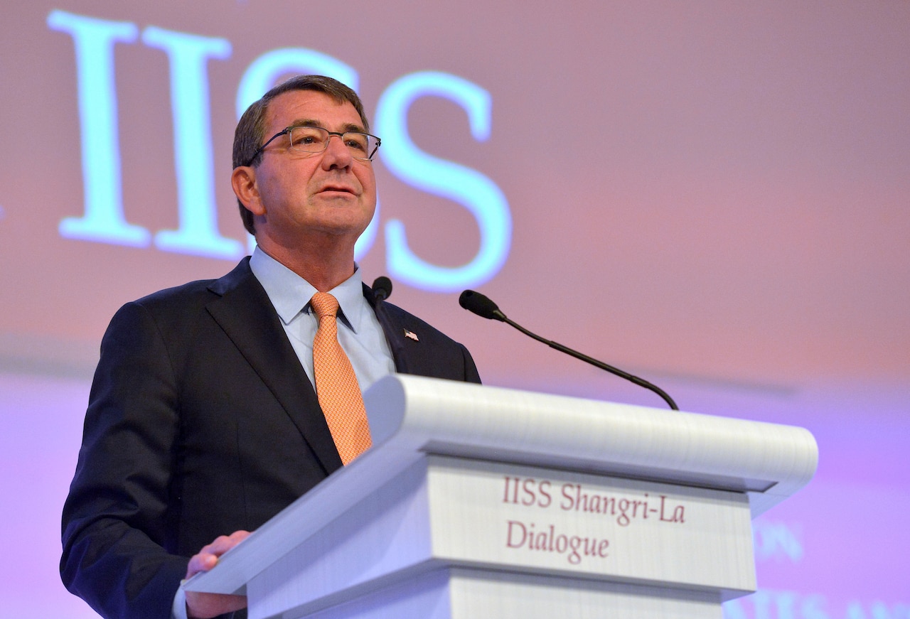 Defense Secretary Ash Carter delivers the keynote address to kick off the Shangri-La Dialogue in Singapore, May 30, 2015. Carter spoke of strengthening relations between Asia-Pacific nations and countered provocative land reclamation efforts by China.Also known as the Asia Security Summit, the dialogue aims to build confidence and fostering practical security cooperation among Asian nations. DoD Photo by Glenn Fawcett
