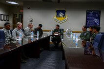 Republic of Korea air force Lt. Gen. Jeong Sig Kim, ROKAF Operations Command commander, has an office call with 51st Fighter Wing leadership during an immersion tour of the 51st FW, May 28, 2015, at Osan Air Base, Republic of Korea. Lt. Gen. Kim learned about what the 51st FW does for Osan as well as its capabilities in the ROK. (U.S. Air Force photo by Senior Airman Matthew Lancaster)