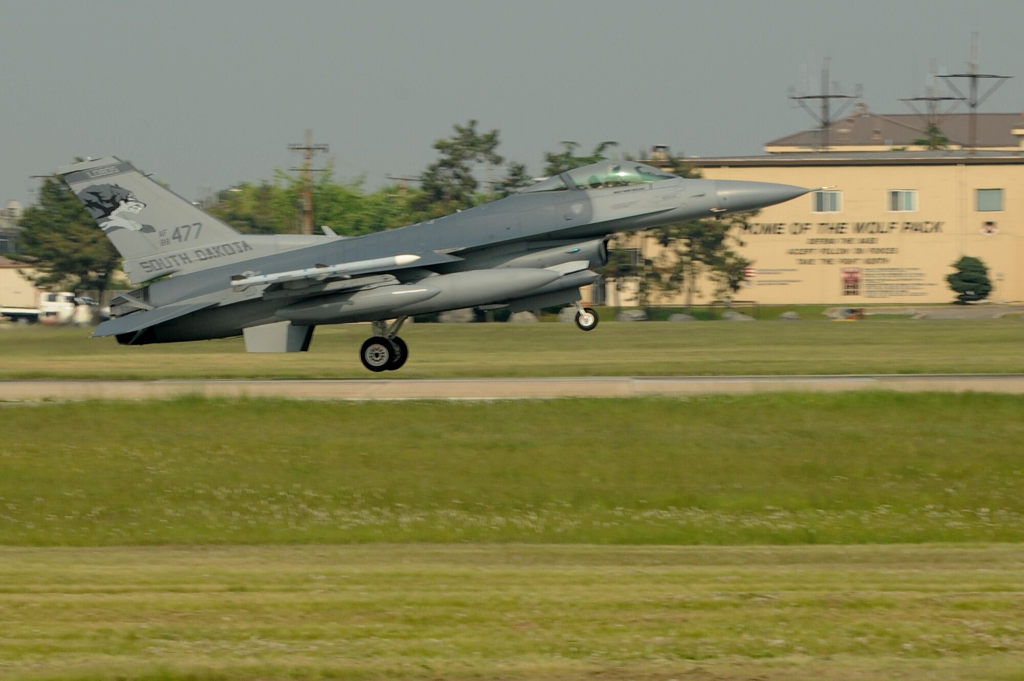 An F-16 Fighting Falcon from the 114th Fighter Wing, arrives at Kunsan Air Base, Republic of Korea, May, 14, 2015. More than 250 South Dakota National Guard from the 114th Fighter Wing, at Joe Foss Field, Sioux Falls, South Dakota, are deployed here as the 175th Fighter Squadron, part of the rotational Threat Security Package that strengthens U.S. forces across the Asia-Pacific region. (U.S. Air Force photo by Senior Airman Divine Cox/Released)