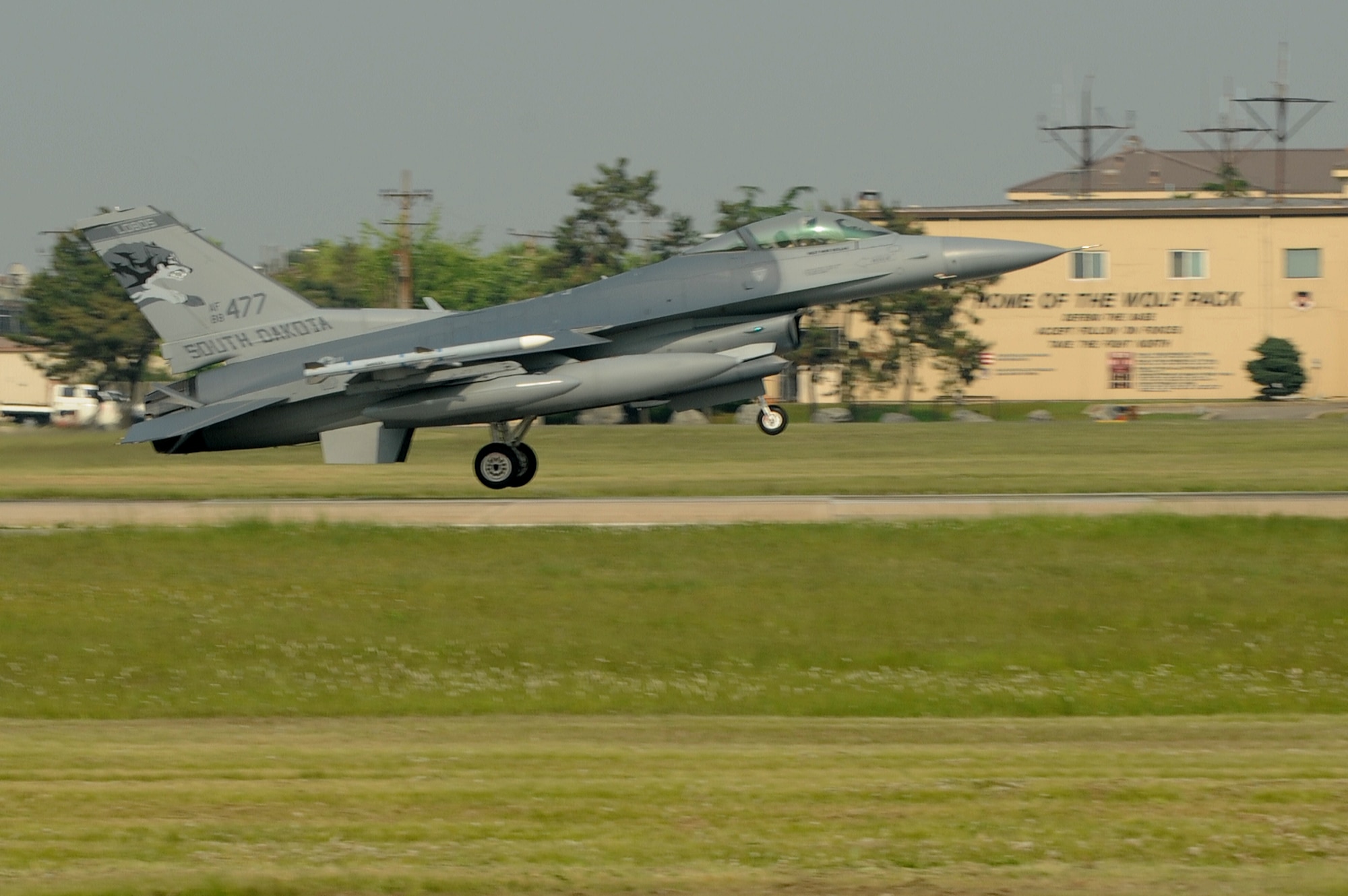 An F-16 Fighting Falcon from the 114th Fighter Wing, arrives at Kunsan Air Base, Republic of Korea, May, 14, 2015. More than 250 South Dakota National Guard from the 114th Fighter Wing, at Joe Foss Field, Sioux Falls, South Dakota, are deployed here as the 175th Fighter Squadron, part of the rotational Threat Security Package that strengthens U.S. forces across the Asia-Pacific region. (U.S. Air Force photo by Senior Airman Divine Cox/Released)