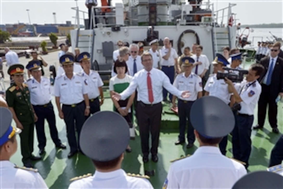 Defense Secretary Ash Carter tours a Vietnamese coast guard ship in Hai Phong, Vietnam, May 31 2015. Carter is on a 10-day trip to the Asia-Pacific region to meet with partner nations and affirm U.S. commitment to the area.