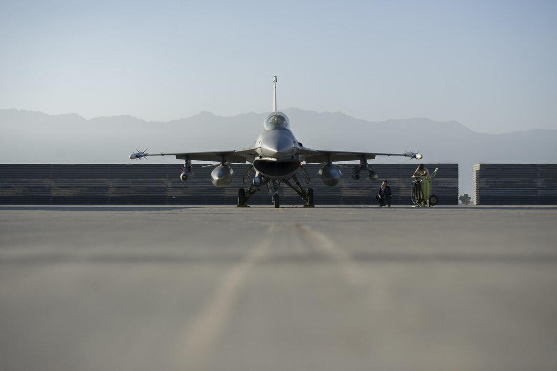 An F-16 Fighting Falcon piloted by Lt. Col. Michael Meyer, 421st Expeditionary Fighter Squadron commander, prepares to depart for a sortie at Bagram Airfield, Afghanistan, Oct. 30, 2015. Airmen assigned to the 421st FS, known as the “Black Widows,” from Hill Air Force Base, Utah, arrived here Oct. 28, 2015 in support of Operation Freedom’s Sentinel and NATO’s Resolute Support mission. (U.S. Air Force photo/Tech. Sgt. Robert Cloys/RELEASED)