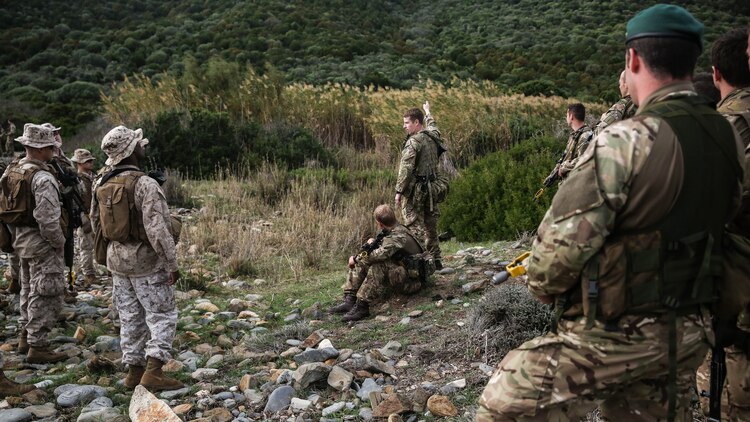 Royal Marines with 45 Commando and U.S. Marines with Special-Purpose Marine Air-Ground Task Force Crisis Response-Africa discuss patrolling tactics during Trident Juncture 15, Oct. 21, 2015. Trident Juncture is one of many exercises ensuring that NATO is ready to deal with any emerging crisis from any direction, and that the Alliance is able to work effectively with partner nations. 
