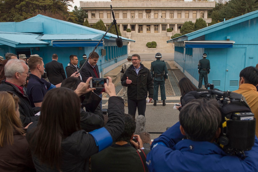 U.S. Defense Secretary Ash Carter speaks with reporters at the Demilitarized Zone in the Republic of Korea, Nov.1, 2015. Carter is visiting the Asia-Pacific region, where he will meet with leaders from more than a dozen nations to help advance the next phase of the U.S. military’s rebalance in the region by modernizing longtime alliances and building new partnerships. Photo by Air Force Senior Master Sgt. Adrian Cadiz