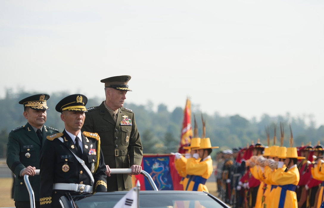 U.S. Marine Corps Gen. Joseph F. Dunford Jr., chairman of the Joint Chiefs of Staff, and his Republic of Korea counterpart, Army Gen. Lee Soon-Jin, perform a pass in review during an honor guard ceremony at the Joint Chiefs of Staff headquarters, Daejeon, Republic of Korea, Nov. 1, 2015. DoD photo by Navy Petty Officer 2nd Class Dominique A. Pineiro