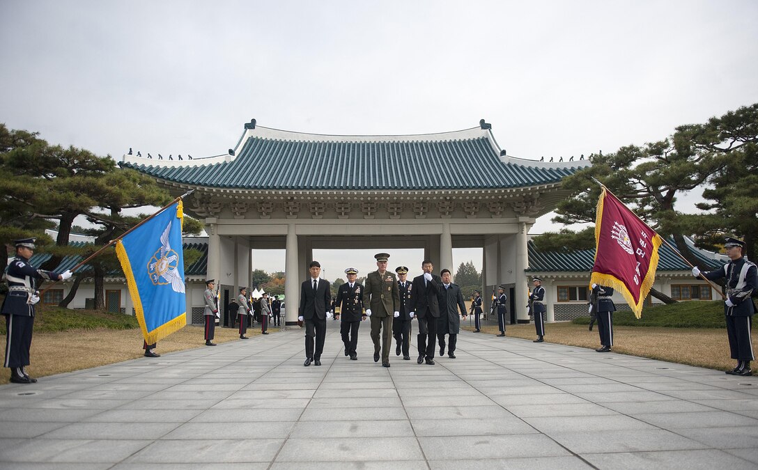 U.S. Marine Corps Gen. Joseph F. Dunford Jr., chairman of the Joint Chiefs of Staff, center, along with Army Gen. Curtis M. Scaparrotti, commander of U.S. Forces Korea, and Navy Adm. Harry Harris, commander of U.S. Pacific Command, attend a wreath laying ceremony at the Republic of Korea's Daejeon National Cemetery, Nov. 1, 2015. DoD photo by Navy Petty Officer 2nd Class Dominique A. Pineiro