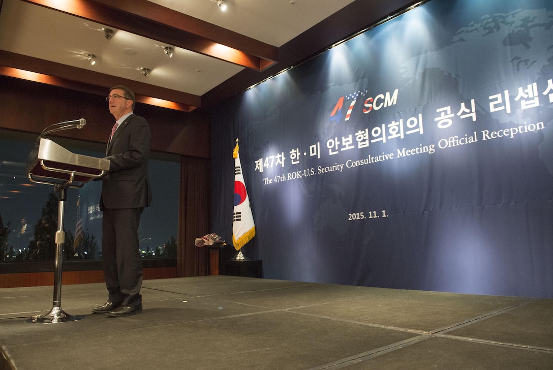 U.S. Defense Secretary Ash Carter speaks at the Security Consultative Meeting reception in Seoul, Republic of Korea, Nov. 1, 2015. Carter is traveling to the Asia-Pacific region, meeting with leaders from more than a dozen nations across East Asia and South Asia to help advance the next phase of the U.S. military’s rebalance in the region by modernizing longtime alliances and building new partnerships. DoD photo by Air Force Senior Master Sgt. Adrian Cadiz