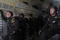 Members of the U.S. Army Golden Knights prepare to jump during the 2015 Joint Base San Antonio Air Show and Open House Nov. 1, 2015 at JBSA-Randolph. The United States Army Parachute Team, nicknamed and commonly known as the Golden Knights, is a demonstration and competition parachute team of the United States Army.The demonstration teams, which use five dedicated aircraft, perform at more than 100 events per year. (U.S. Air Force photo by Joel Martinez/Released)