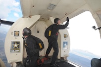 Members of the U.S. Army Golden Knights prepare to jump during the 2015 Joint Base San Antonio Air Show and Open House Nov. 1, 2015 at JBSA-Randolph. The United States Army Parachute Team, nicknamed and commonly known as the Golden Knights, is a demonstration and competition parachute team of the United States Army.The demonstration teams, which use five dedicated aircraft, perform at more than 100 events per year. (U.S. Air Force photo by Joel Martinez/Released)