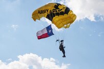 A member of the U.S. Army Golden Knights performs during the 2015 Joint Base San Antonio Air Show and Open House Nov. 1, 2015 at JBSA-Randolph, Texas. Air shows allow the Air Force to display the capabilities of our aircraft to the American taxpayer through aerial demonstrations and static displays and allowing attendees to get up close and personal to see some of the equipment and aircraft used by the U.S. military today. (U.S. Air Force photo by Olivia Mendoza) 