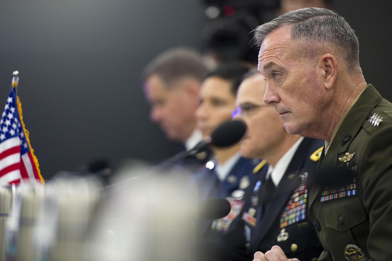 U.S. Marine Corps Gen. Joseph F. Dunford Jr., chairman of the Joint Chiefs of Staff, listens to remarks by his Republic of Korea counterpart, Army Gen. Lee Soon-Jin, during a meeting at the Republic of Korea Joint Chiefs of Staff headquarters in Seoul, Nov. 1, 2015. DoD photo by Navy Petty Officer 2nd Class Dominique A. Pineiro