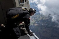 Sgt. First Class Thomas Melton, U.S. Army Parachute Team “Golden Knights” demonstration parachutist, surveys the landing zone before paracuting into the Joint Base San Antonio Air Show and Open House Nov. 1, 2015, at JBSA-Randolph. Air shows allow the Air Force and sister services to display the capabilities of military aircraft and members to the American taxpayer through aerial demonstrations and static displays.