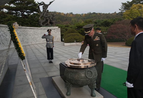U.S. Marine Corps Gen. Joseph F. Dunford Jr., chairman of the Joint Chiefs of Staff, along with Army Gen. Curtis M. Scaparrotti, commander of U.S. Forces Korea, and Navy Adm. Harry Harris, commander of U.S. Pacific Command, participate in a wreath-laying ceremony at the Republic of Korea National Cemetery, Nov. 1, 2015. DoD photo by Navy Petty Officer 2nd Class Dominique A. Pineiro

