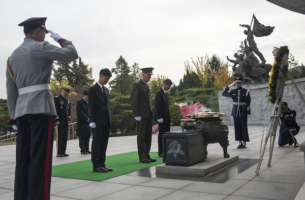 U.S. Marine Corps Gen. Joseph F. Dunford Jr., chairman of the Joint Chiefs of Staff, along with Army Gen. Curtis M. Scaparrotti, commander, U.S. Forces Korea, and Navy Adm. Harry Harris, commander, U.S. Pacific Command, participate in a wreath laying ceremony at the Republic of Korea's Daejeon National Cemetery, Nov. 1, 2015. DoD photo by Navy Petty Officer 2nd Class Dominique A. Pineiro

