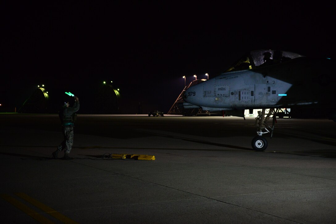 An A-10 Thunderbolt II taxis on the first night of exercise Vigilant Ace 16 at Osan Air Base, Republic of Korea, Nov. 2, 2015. Vigilant Ace 16 is a peninsula-wide readiness exercise focused on strengthening the ROK/U.S. alliance.  (U.S. Air Force photo/Staff Sgt. Amber Grimm)