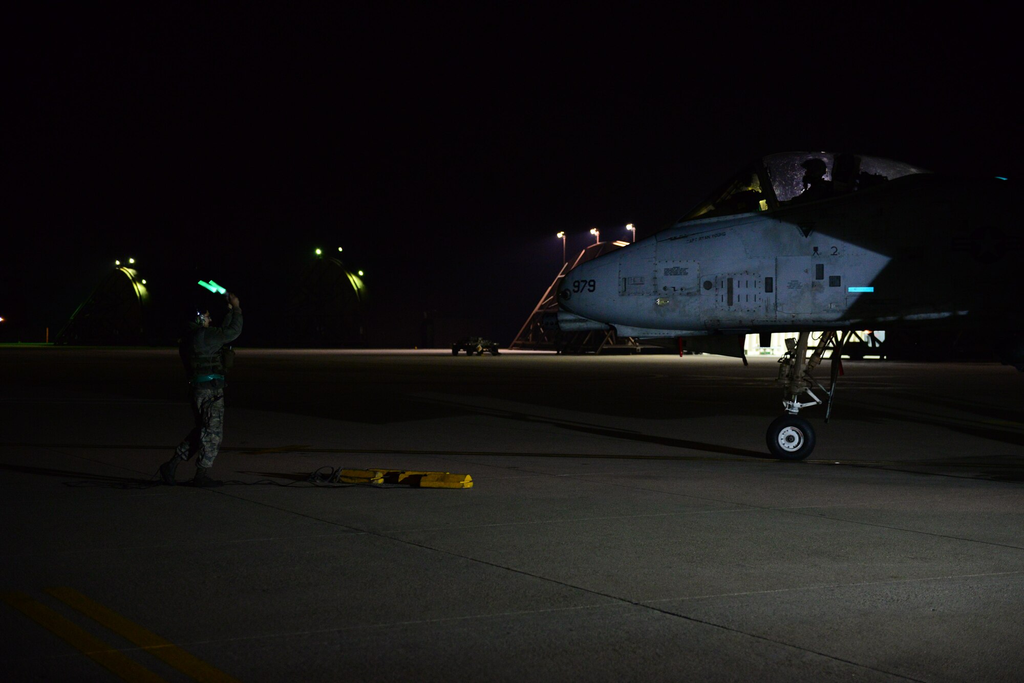 An A-10 Thunderbolt II taxis on the first night of exercise Vigilant Ace 16 at Osan Air Base, Republic of Korea, Nov. 2, 2015. Vigilant Ace 16 is a peninsula-wide readiness exercise focused on strengthening the ROK/U.S. alliance.  (U.S. Air Force photo/Staff Sgt. Amber Grimm)