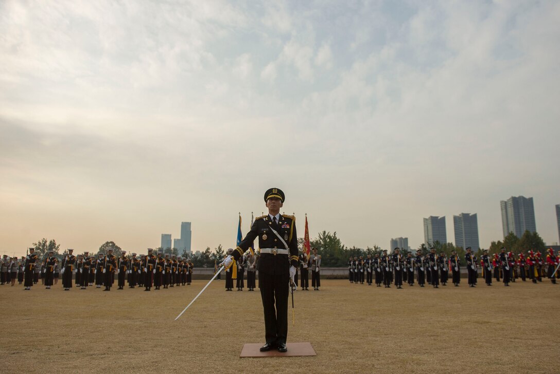 South Korean troops participate in a ceremony before the start of the 47th U.S.-South Korea Security Consultative Meeting in Seoul, South Korea, Nov. 2, 2015.  DoD photo by Air Force Senior Master Sgt. Adrian Cadiz