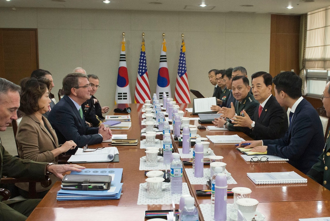 U.S. Defense Secretary Ash Carter talks with South Korean Defense Minister Han Min-koo during the executive session of the 47th U.S.-South Korea Security Consultative Meeting in Seoul, South Korea, Nov. 2, 2015. DoD photo by Air Force Senior Master Sgt. Adrian Cadiz