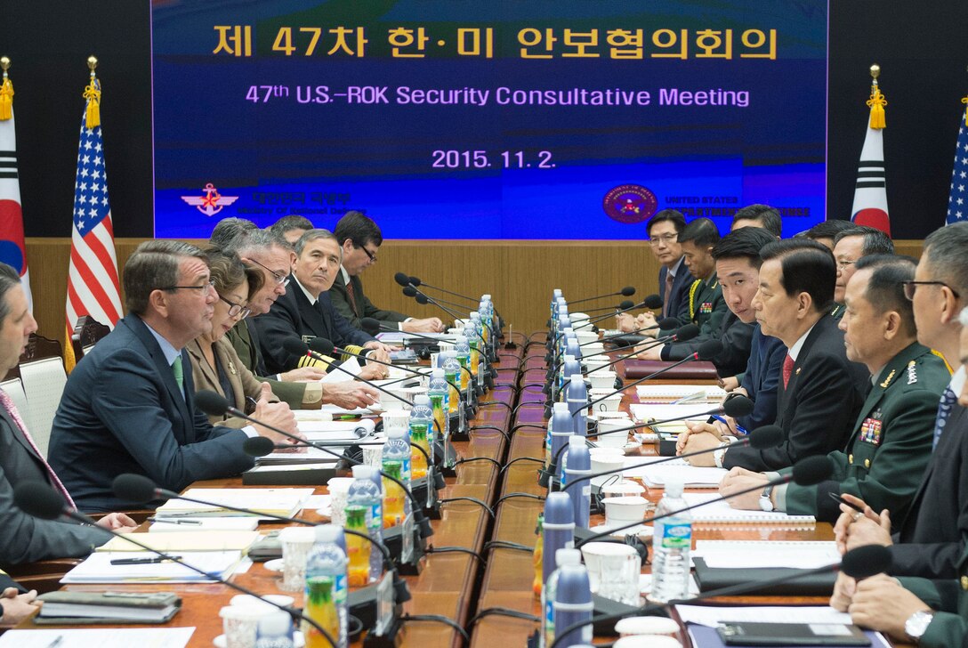 U.S. Defense Secretary Ash Carter speaks with South Korean Defense Minister Han Min-koo during the 47th U.S.-South Korea Security Consultative Meeting plenary session in Seoul, South Korea, Nov. 2, 2015. DoD photo by Air Force Senior Master Sgt. Adrian Cadiz