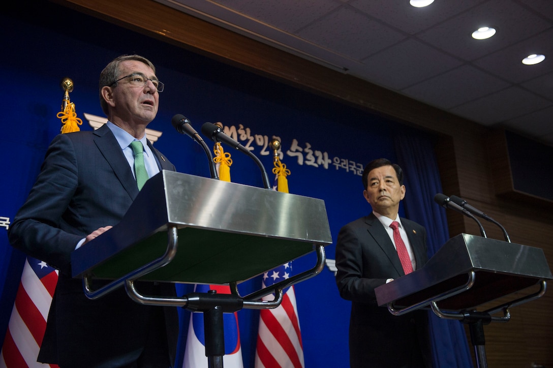 U.S. Defense Secretary Ash Carter speaks with reporters at a joint press conference with South Korean Defense Minister Han Min-koo following the 47th U.S.-South Korea Security Consultative Meeting in Seoul, South Korea, Nov. 2, 2015. DoD photo by Air Force Senior Master Sgt. Adrian Cadiz