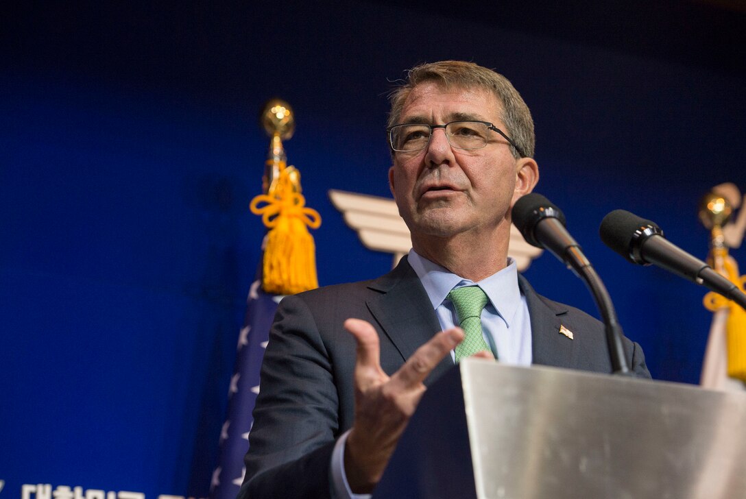 U.S. Defense Secretary Ash Carter speaks with reporters at a joint press conference with South Korean Defense Minister Han Min-koo following the 47th U.S.-South Korea Security Consultative Meeting in Seoul, South Korea, Nov. 2, 2015. DoD photo by Air Force Senior Master Sgt. Adrian Cadiz
