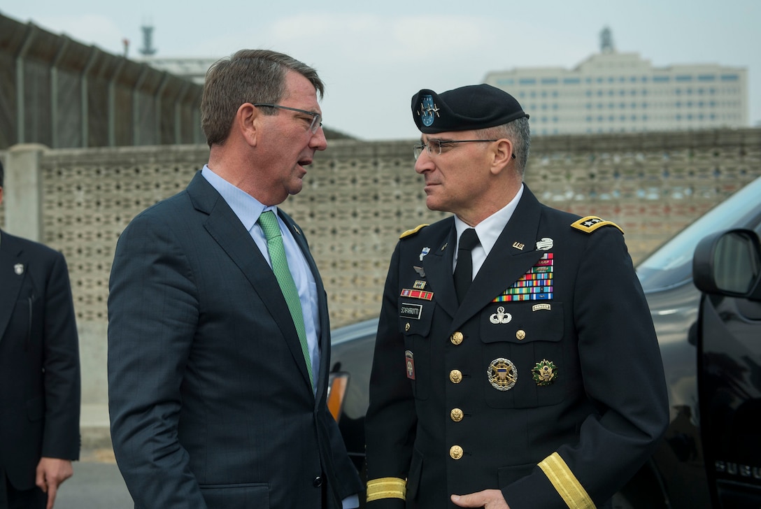 U.S. Defense Secretary Ash Carter says goodbye to Army Gen. Curtis M. Scaparrotti after attending the 47th U.S.-South Korea Security Consultative Meeting in Seoul, South Korea, Nov. 2, 2015. Scaparrotti is commander of U.S. Forces Korea. DoD photo by Air Force Senior Master Sgt. Adrian Cadiz