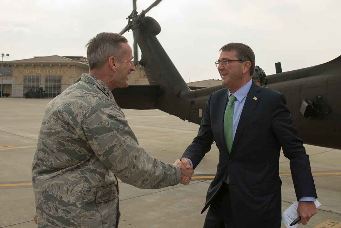 U.S. Defense Secretary Ash Carter says goodbye to U.S. Air Force Lt. Gen. Terrence J. O'Shaughnessy after attending the 47th U.S.-South Korea Security Consultative Meeting in Seoul, South Korea, Nov. 2, 2015. O'Shaughnessy is commander of the 7th Air Force and Air Component Command, South Korea/U.S. Combined Forces Command. DoD photo by Air Force Senior Master Sgt. Adrian Cadiz