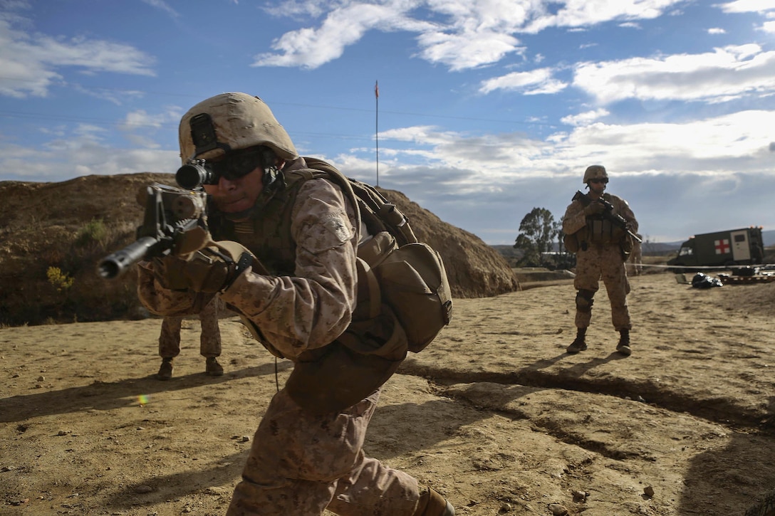 U.S. Marine Corps Lance Cpl. Arturo Campos participates in dry-fire drills during Trident Juncture 2015 in Almeria, Spain, Oct. 27, 2015. Campos is an assistant fire team leader assigned to Delta Company, 4th Light Armored Reconnaissance Battalion, 4th Marine Division. U.S. Marine Corps photo by Sgt. Sara Graham