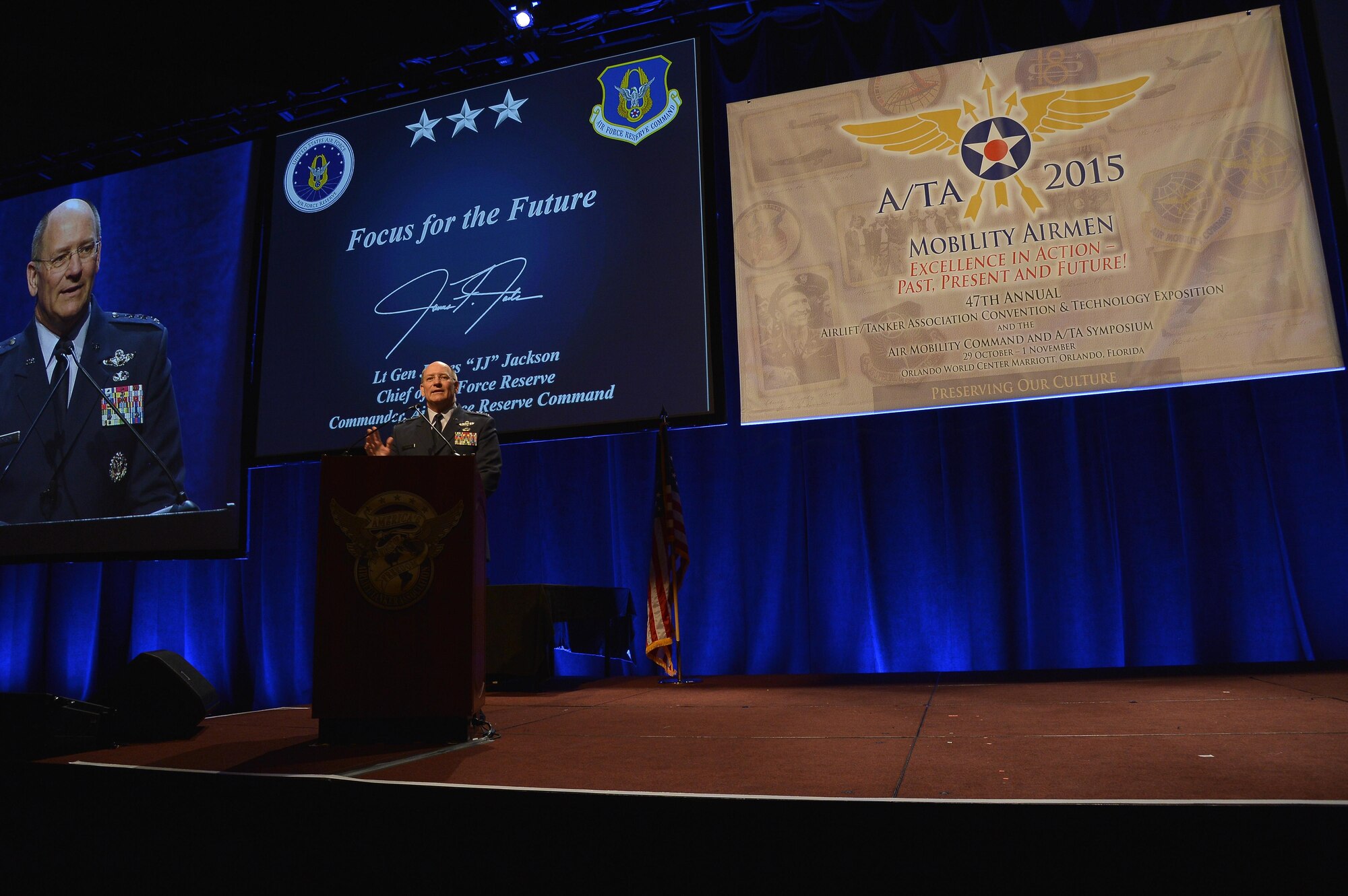 Lt. Gen. James F. Jackson, chief of the Air Force Reserve and commander, Air Force Reserve Command, speaks about the future of the Air Force Reserve during the 47th Annual Airlift/Tanker Association Convention in Orlando, Fla., Oct. 31. (U.S. Air Force photo/Staff Sgt. Shaders Mitchell) 