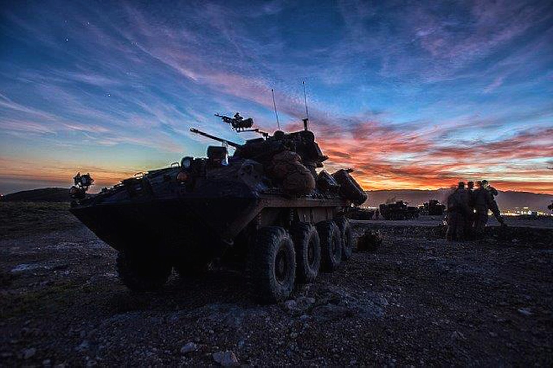 U.S. Marines participate in Trident Juncture 2015 at sunset in Almeria, Spain, Oct. 28, 2015. The Marines are assigned to Delta Company, 4th Light Armored Reconnaissance Battalion, 4th Marine Division. U.S. Marine Corps photo