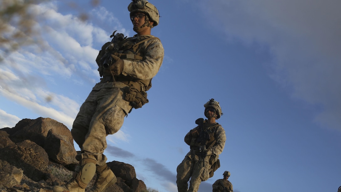 Marines with E Company, 2nd Battalion, 2nd Marine Regiment maintain dispersion while patrolling at the counter improvised explosive device exercise during Integrated Training Exercise 1-16 at Marine Air Ground Combat Center, Twentynine Palms, Calif., Oct. 29, 2015. Marines at ITX demonstrate core infantry mission essential tasks while conducting offensive and defensive operations.