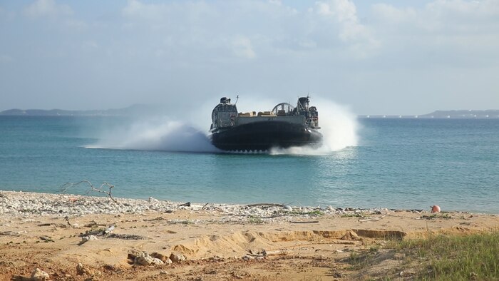 A landing craft air cushion-class hovercraft approaches Kin Blue, Okinawa, Japan, for a beach landing exercise, Oct. 27, 2015, during Blue Chromite 2016. Blue Chromite is a large-scale, cost effective on-island training event lead by 4th Marine Regiment, 3rd Marine Division, III Marine Expeditionary Force. 