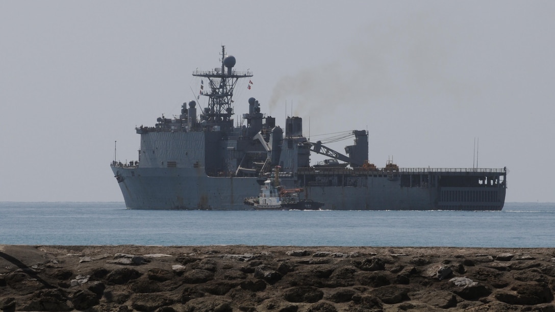 Amphibious dock landing ship USS Germantown (LSD 42) departs Naval Facility White Beach at Okinawa, Japan after embarking Marines from 3rd Marine Division, 1st Marine Aircraft Wing and 3rd Marine Logistics Group in preparation for exercise Blue Chromite, Oct. 27, 2015. Blue Chromite is an amphibious training exercise conducted with the 4th Marine Regiment, Marine Air Group 36, Combat Logistics Regiment 4, and other elements of III Marine Expeditionary Force. Germantown is on patrol in the U.S. 7th Fleet area of operation in support of security and stability in the Indo-Asia-Pacific region.
