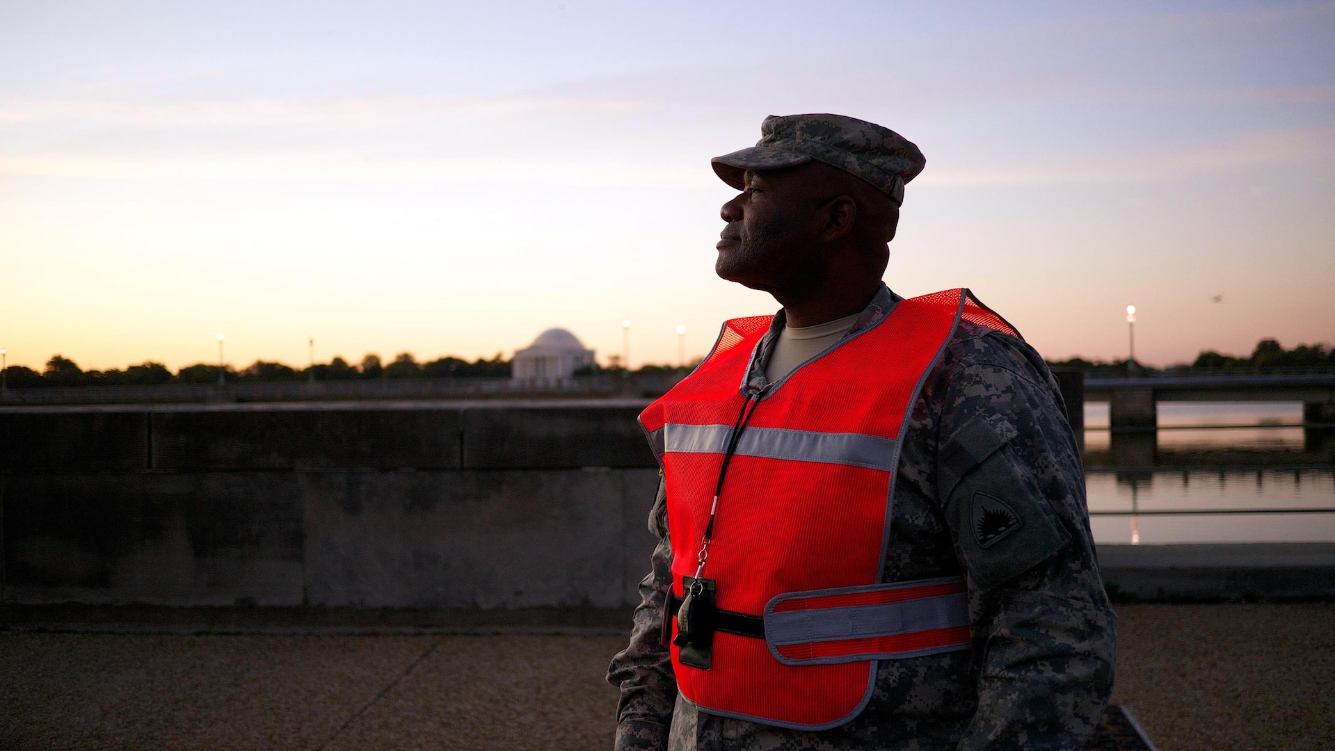 A D.C. Army National Guard member provides support at the National Mall during the dedication of the Martin Luther King Jr. Memorial dedication Oct. 16, 2011.