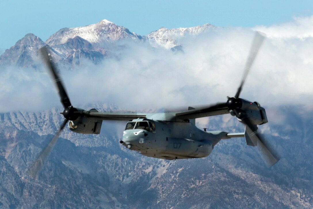 A U.S. Marine Corps MV-22B Osprey flies during Mountain Exercise 6-15 over South Lake Tahoe, Calif., Oct. 29, 2015. The Osprey crew is assigned to Marine Medium Tiltrotor Squadron 163, Marine Aircraft Group 16, 3rd Marine Aircraft Wing.  U.S. Marine Corps photo by Cpl. Allison J. Herman