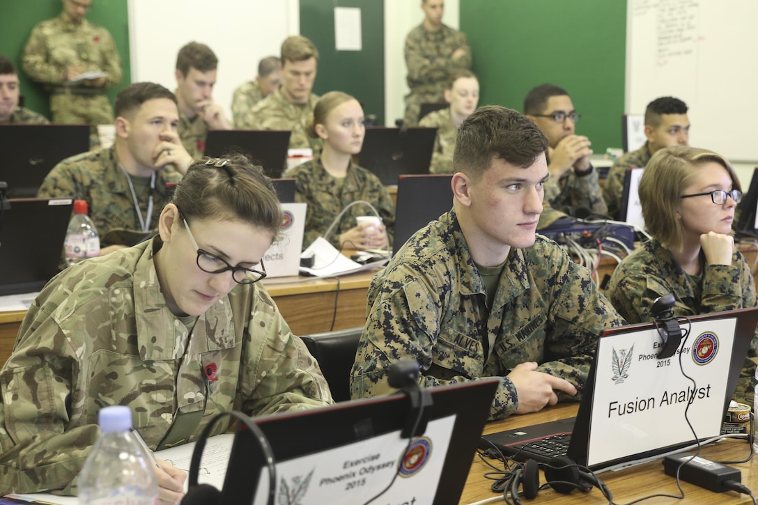 U.S. Marines with 2nd Intelligence Battalion and British soldiers receive a brief during Exercise Phoenix Odyssey II in Edinburgh, U.K., Oct. 27, 2015. The British and U.S. are collaborating for the second consecutive year in order to enhance joint intelligence operations. (U.S. Marine Corps photo by Cpl. Lucas Hopkins/Released)