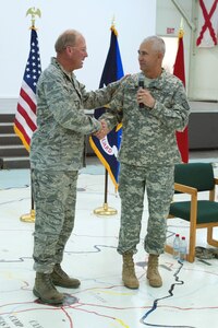 Air Force Gen. Craig R. McKinley, chief of the National Guard Bureau, visits Camp Bondsteel, Kosovo, to speak to Soldiers deployed there in support of Kosovo Forces 14, Oct. 24, 2011. McKinley gave his personal gratitude and admiration for the Soldiers and Airmen stationed throughout the country and their bravery during the recent unrest.