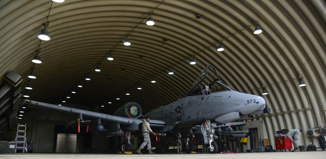 Airmen from the 25th Aircraft Maintenance Unit load munitions onto an A-10 Thunderbolt II during the Vigilant Ace 16 exercise on Osan Air Base, Republic of Korea, Nov. 1, 2015. Exercises such as this help test team Osan's ability to survive and operate in wartime constraints. The weapons Airmen from the 25th AMU are responsible for 10 varieties of conventional munitions that can be loaded onto the A-10 frame. (U.S. Air Force photo/Senior Airman Kristin High)