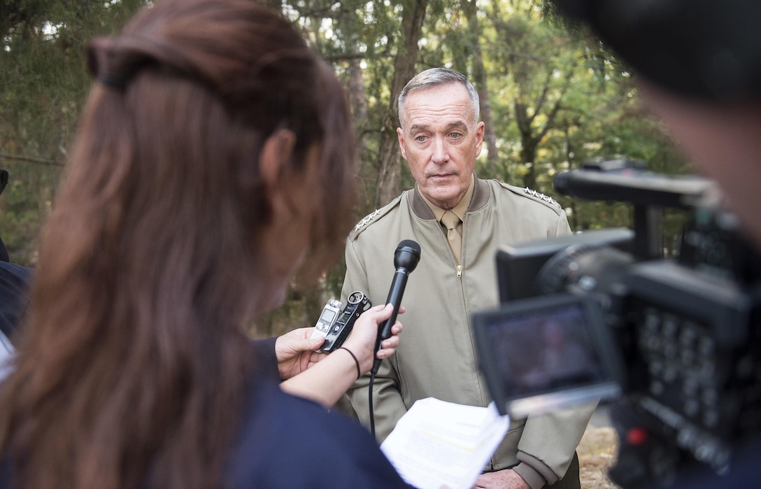 U.S. Marine Corps Gen. Joseph F. Dunford Jr., chairman of the Joint Chiefs of Staff, speaks with reporters on Camp Bonifas during a trip to the Demilitarized Zone in South Korea, Nov. 2, 2015. DoD photo by U.S. Navy Petty Officer 2nd Class Dominique A. Pineiro