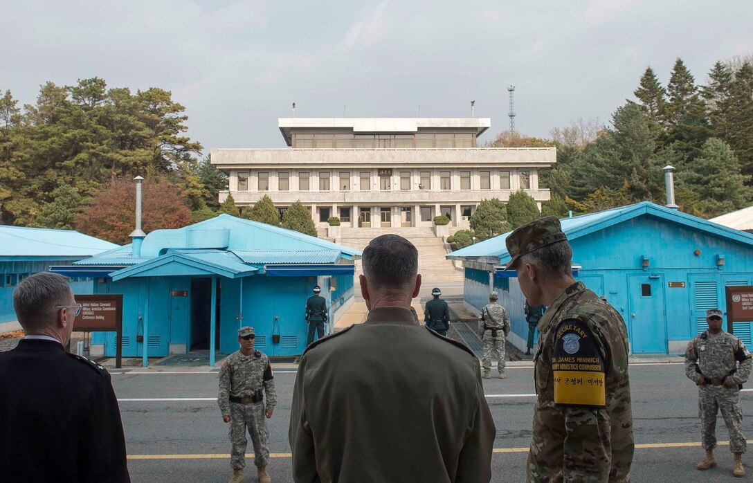 U.S. Marine Corps Gen. Joseph F. Dunford Jr., chairman of the Joint Chiefs of Staff, receives a briefing from U.S. Army Col. James Minnich during a visit to the Demilitarized Zone dividing the two Koreas, Nov. 2, 2015. Minnich is secretary of the United Nations Command, Military Armistice Commission. DoD photo by U.S. Navy Petty Officer 2nd Class Dominique A. Pineiro